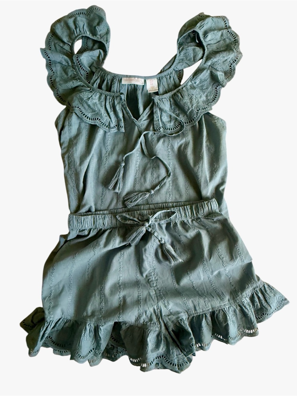 Shabby Chic eyelet ruffle two-piece camisole short set blue S Cottagecore